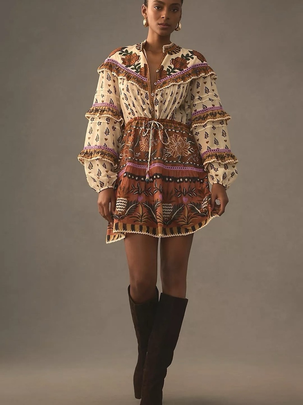 FARM Rio Cream, Brown and Pink Floral-Print Mini Dress